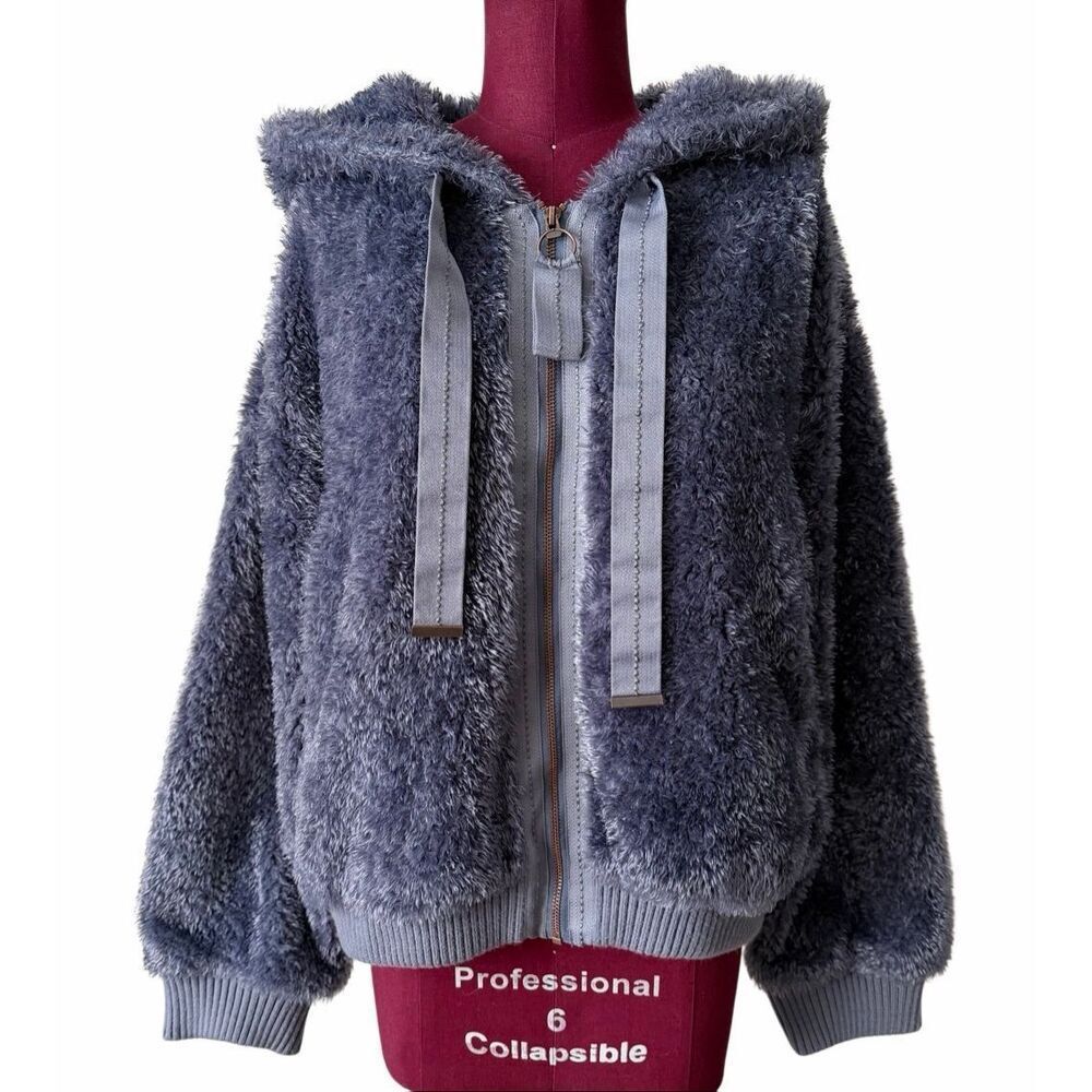 Anthropologie Pilcro Jacket‎ Fuzzy Hooded Full Zip Slate Blue XL